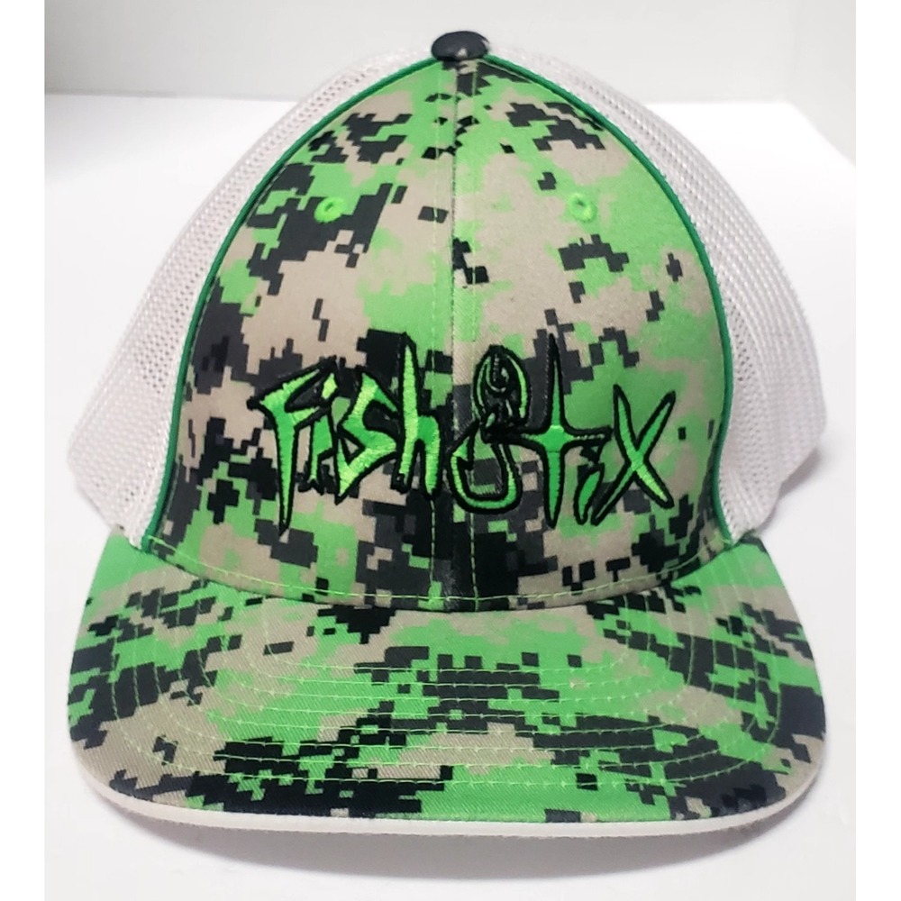 FishStix Trucker Hat Pacific Headwear 408 L/XL Fitted Green Black White Meshed